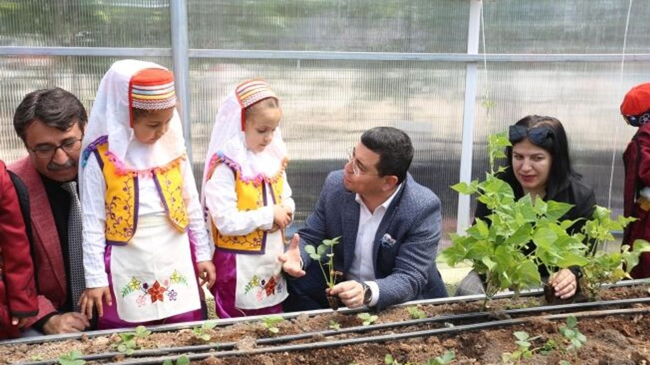 Başkan Tütüncü, okul serasına çocuklarla çilek ekti