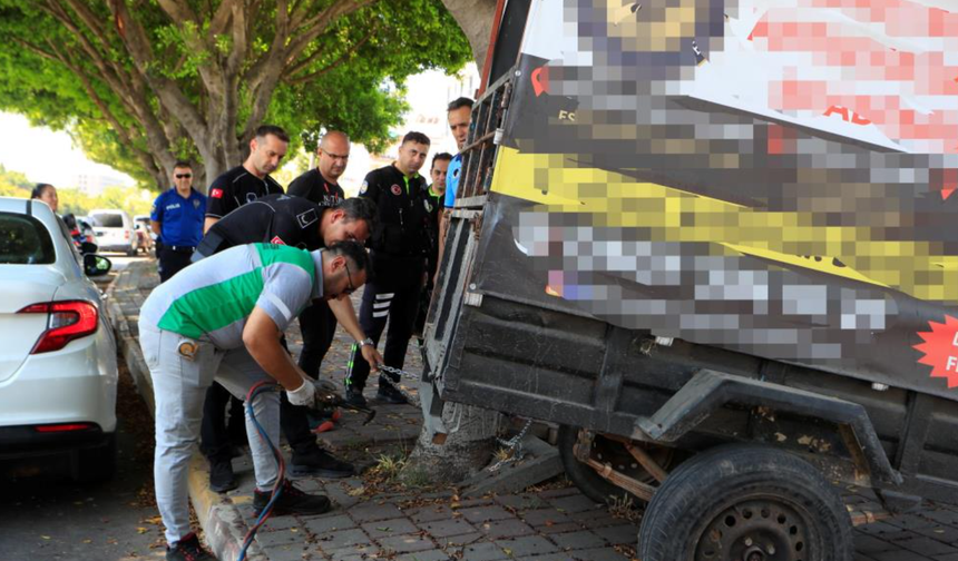 Ağaca zincirlenen römork ekipleri harekete geçirdi!