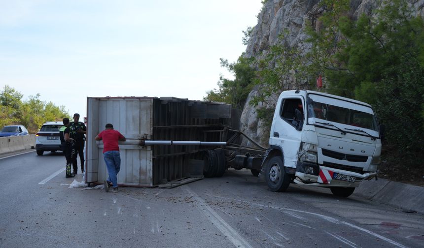 Pelet yüklü kamyon bariyerlere çarptı, kasası devrildi!