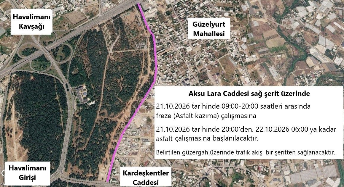 Aksu Lara Caddesi’nde asfalt çalışması yapılacak  Çalışmalar süresince trafik akışı tek şeritten sağlanacak